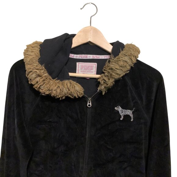 VTG Y2K Pink Victoria’s Secret Hoodie Black Velvet Faux Fur Lined Hoodie UWV Sz - Picture 5 of 12